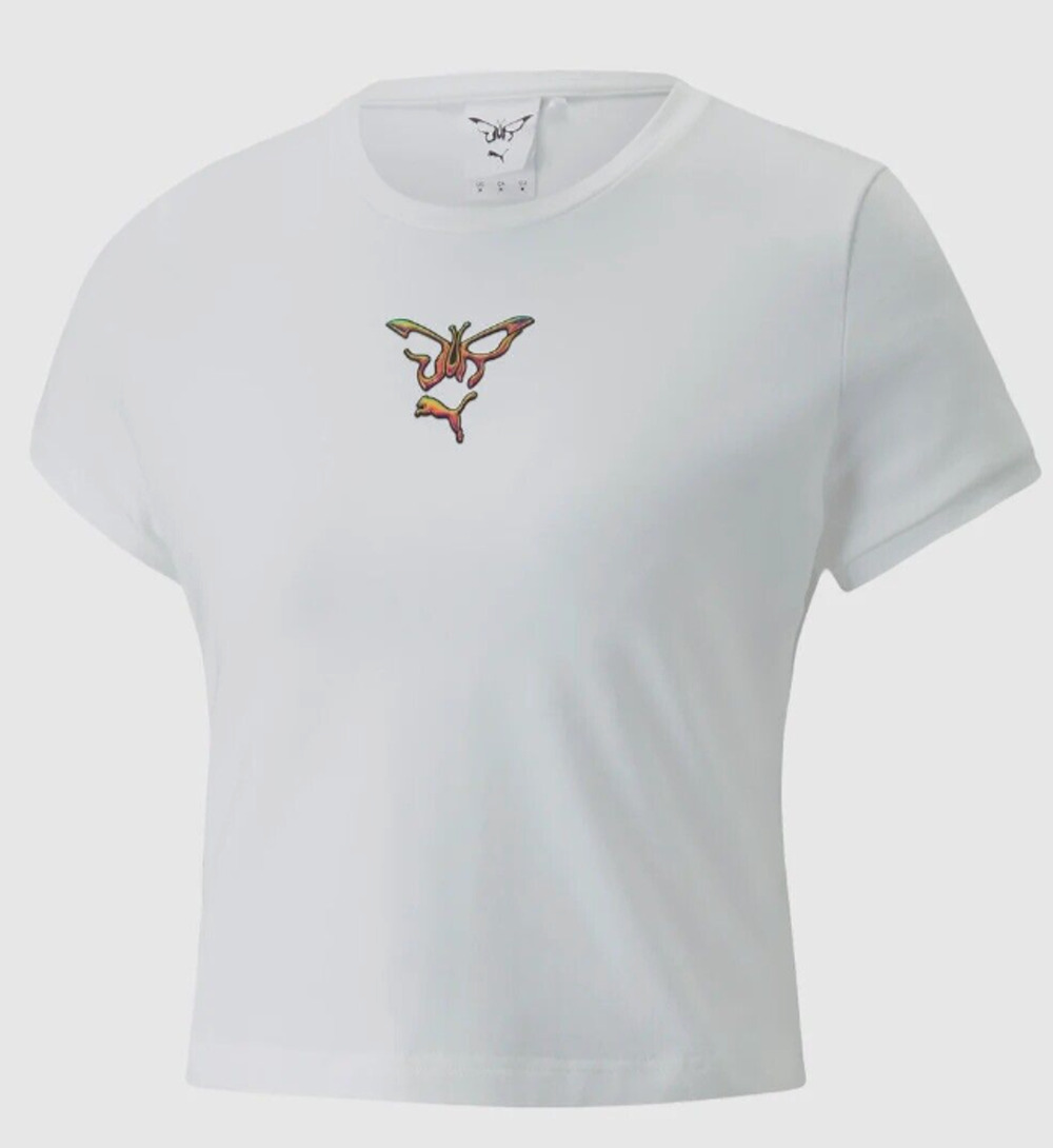 NWOT Puma X Dua Lipa White Babydoll Butterfly Puma Hologram Graphic Crop Tee SM